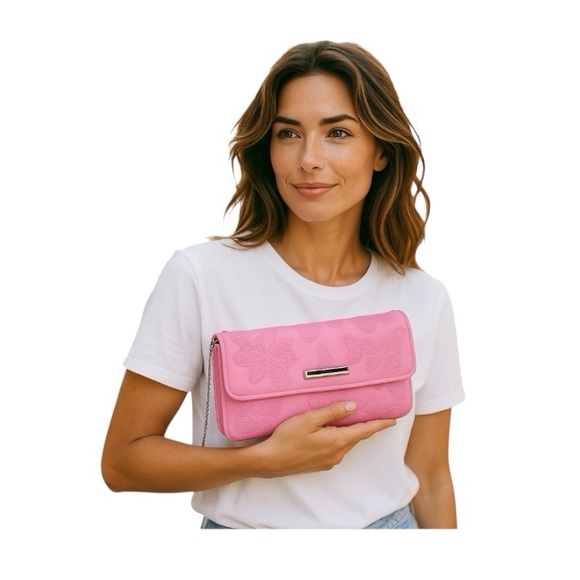 No Boundaries Pink Crossbody Embroidery Butterfly Wallet with Metallic Clasp - Picture 1 of 15